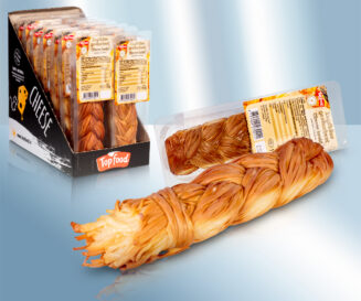 Gevlochten kaas (gesneden kaas), gezouten, gerookt. 45% Vet i. Tr.
