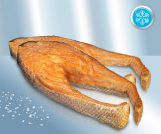 Zalmstukjes (Salmo salar), met graten, koudgerookt, diepvries.