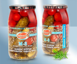 Pickled tomatoes and gherkins "M-3", 900ml (drained weight 450g)