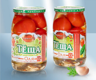 Pickled tomatoes and gherkins "Olja 13", 880ml (drained weight 450g)