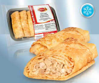 Pannenkoek, gebakken, met Kippendijvleesvulling (gegaard) (40%), bevroren